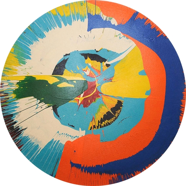 A fake Damien Hirst spin painting that pastor Kevin Sutherland allegedly tried to pass off as authentic. Courtesy Manhattan District Attorney’s Office, via NY Daily News.